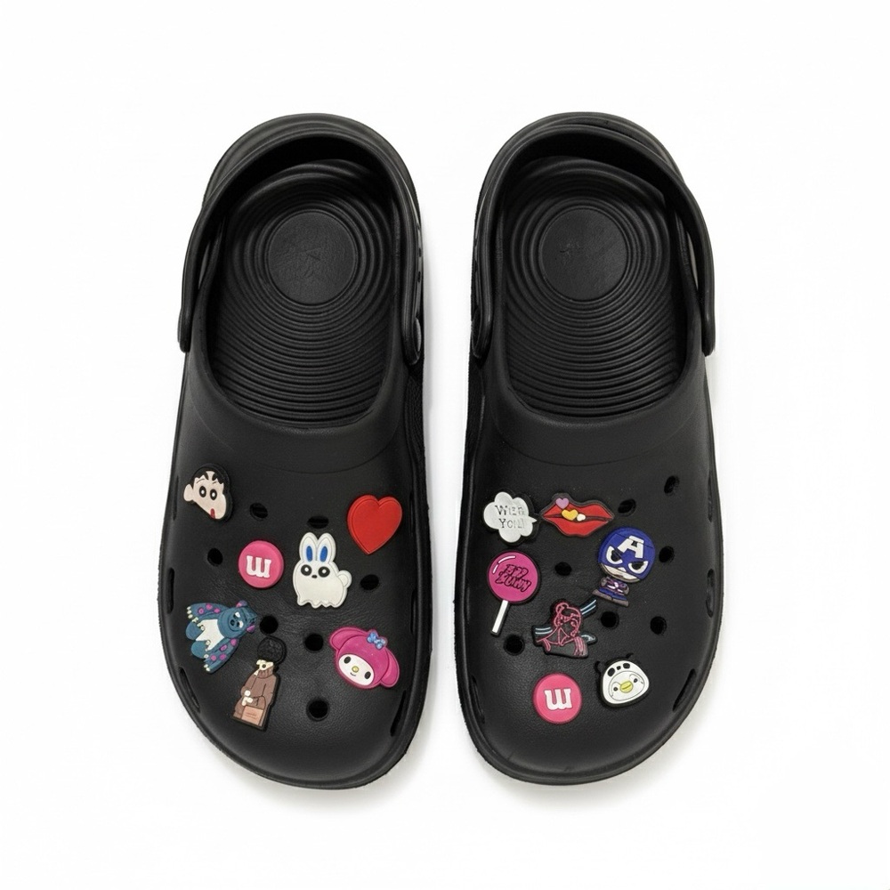 Women Black Clogs / Slippers / Sandals with Charms Size 10-10.5
